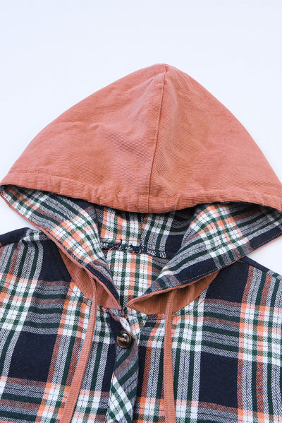 Pink Contrast Hooded Drawstring Plaid Shacket-Outerwear-MomFashion