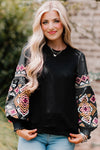 Black Printed Balloon Sleeve Crew Neck Blouse-Tops-MomFashion