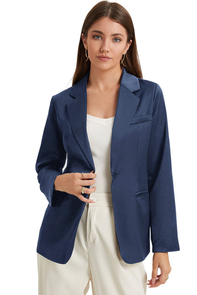 Blue Pocketed Single Button Lapel Neck Blazer-Outerwear-MomFashion