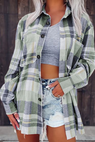 Green Plaid Button Up Patch Pocket Shirt-Tops-MomFashion