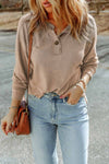 Apricot Button Split Neck Retro Patchwork Long Sleeve Top-Tops-MomFashion