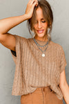 Light French Beige Crew Neck Cable Knit Short Sleeve Sweater-Tops-MomFashion