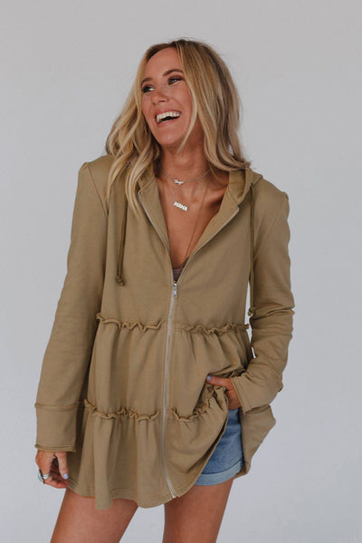 Khaki Tiered Ruffled Zip-Up Drawstring Hooded Jacket-Outerwear-MomFashion