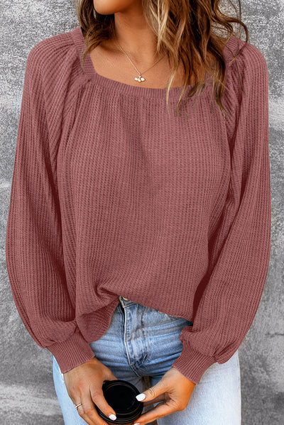 Square Neck Puff Sleeve Waffle Knit Top-Tops-MomFashion