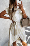 Khaki Stripe Short Sleeve Belted Wrapped Hemline T-Shirt Dress-Dresses-MomFashion