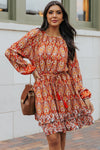 Orange Western Pattern Print Lantern Sleeve Drawstring Mini Dress-Dresses-MomFashion