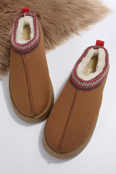 Chestnut Suede Contrast Print Round Toe Plush Lined Flats-Shoes & Bags-MomFashion