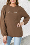 Khaki You Are Loved Print Corduroy Sweatshirt-Tops-MomFashion