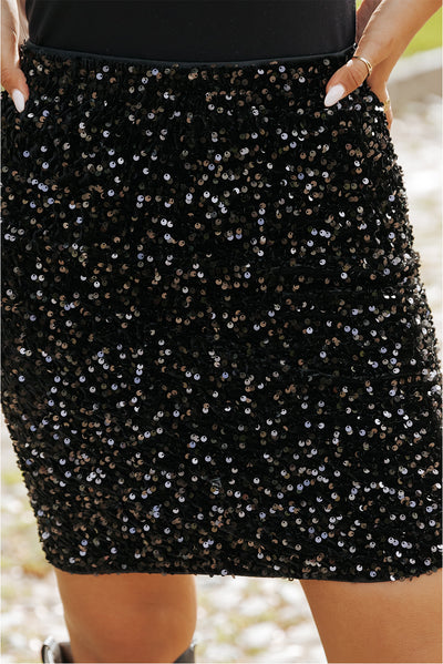 Black Sequin Bodycon Mini Skirt-Bottoms-MomFashion