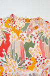 Orange Printed Floral Abstract Print Frilled V Neck Plus Size Blouse-Plus Size-MomFashion