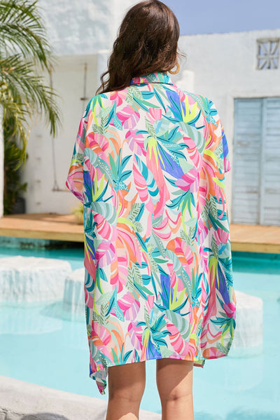 Multicolor Plant Print Button-up Half Sleeve Beach Cover Up-Swimwear-MomFashion