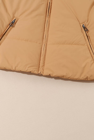 Brown Zip Up Pocketed Puffer Coat-Outerwear-MomFashion