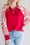 Fiery Red Heart Striped Raglan Sleeve Henley Top-Tops-MomFashion