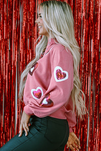 Pink Mineral Wash Sequin Heart Snap Buttons Collared Sweatshirt-Graphic-MomFashion