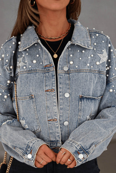 Sky Blue Distressed Pearls Star Cropped Denim Jacket-Outerwear-MomFashion