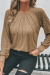 Light French Beige Contrast Lace Raglan Sleeve Plicate Round Neck Top-Tops-MomFashion