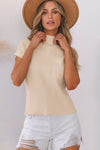 Oatmeal Patch Pocket Ribbed Knit Short Sleeve Sweater-Tops-MomFashion