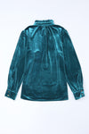 Green Frilled Neck Buttoned Front Velvet Top-Tops-MomFashion