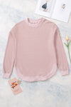 Pink Crew Neck Ribbed Trim Waffle Knit Top-Tops-MomFashion