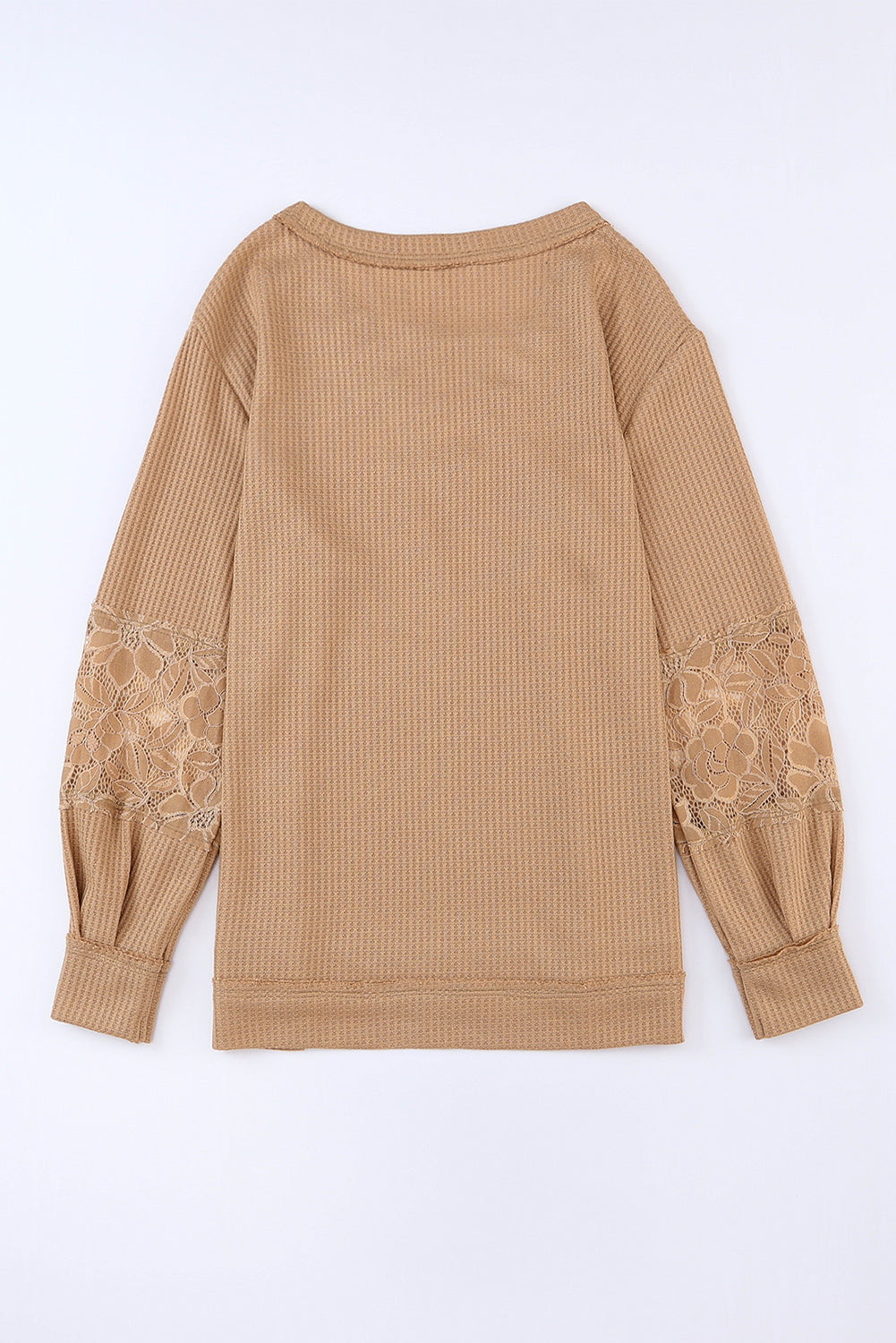 Apricot Lace Waffle Patchwork Strappy V Neck Long Sleeve Top-Tops-MomFashion