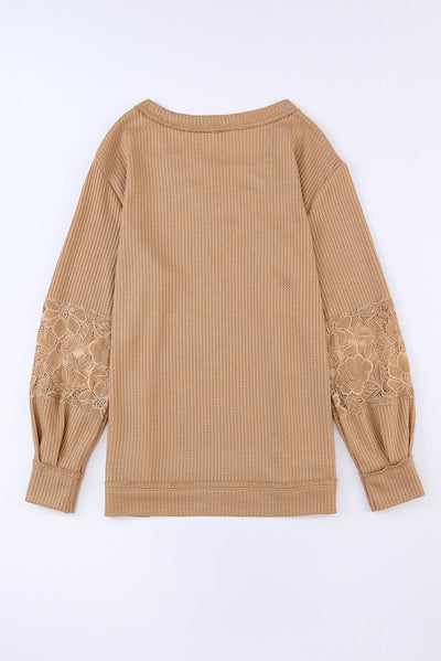 Apricot Lace Waffle Patchwork Strappy V Neck Long Sleeve Top-Tops-MomFashion