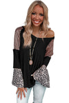 Black Sequin Patchwork Bell Sleeve V Neck Tunic Top-Tops-MomFashion