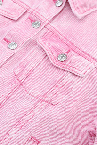 Pink Acid Wash Button Flap Pocket Denim Jacket-Outerwear-MomFashion