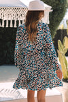 Blue Leopard Print Bubble Sleeve Ruffled Shirt Dress-Dresses-MomFashion