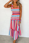 Red Stripe Ruffled Straps Smocked Tiered Long Dress-Dresses-MomFashion