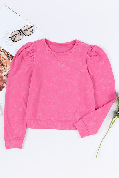 Rose Vintage Washed Puff Sleeve Sweatshirt-Tops-MomFashion