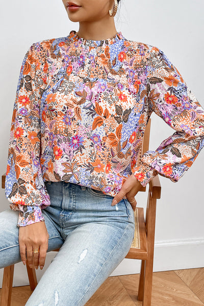 Multicolour Floral Bishop Sleeve Frilled Round Neck Blouse-Tops-MomFashion