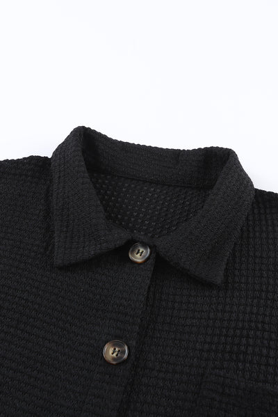 Black Waffle Knit Button Up Casual Shirt-Tops-MomFashion