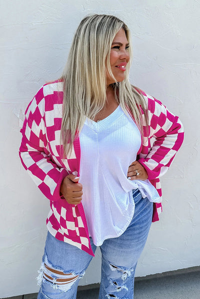 Bonbon Checkered Pattern Open Front Plus Size Cardigan-Plus Size-MomFashion