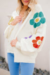 White Flower Jacquared Bubble Sleeve Open Cardigan-Tops-MomFashion