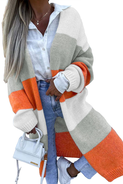 Orange Striped Color Block Drop Shoulder Midi Cardigan-Tops-MomFashion