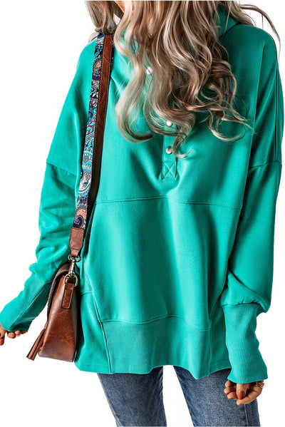 Turquoise Batwing Sleeve Pocketed Henley Hoodie-Tops-MomFashion