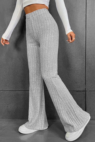 Gray Solid Color High Waist Ribbed Flare Pants-Bottoms-MomFashion