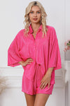 Rose 3/4 Sleeves Pleated Shirt and High Waist Shorts Lounge Set-Loungewear-MomFashion