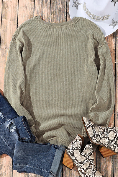 Green Solid Ribbed Knit Round Neck Pullover Sweatshirt-Tops-MomFashion