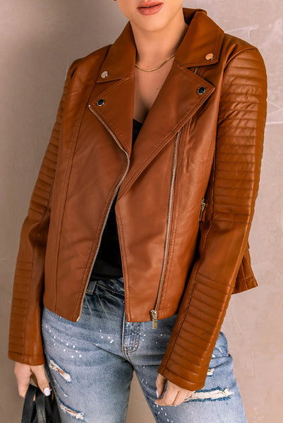 Brown Ribbed Seam Detail Faux Leather Zipped Motorcycle Jacket-Outerwear-MomFashion