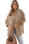 Khaki Solid Textured Flap Pocket Buttoned Shacket-Outerwear-MomFashion