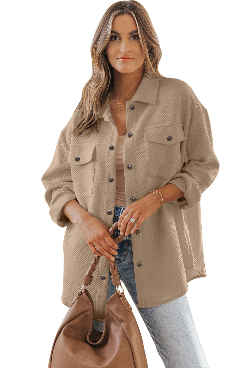 Khaki Solid Textured Flap Pocket Buttoned Shacket-Outerwear-MomFashion