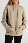 Khaki Quilted Kangaroo Pocket Drawstring Hoodie-Tops-MomFashion