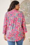 Rose Plus Size Paisley Print V Neck Roll Tab Sleeve Blouse-Plus Size-MomFashion