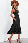 Black U-Neck Sleeveless Ruched Tiered Ruffled Midi Dress-Dresses-MomFashion