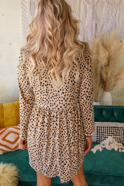 Leopard Long Sleeve Babydoll Dress-Dresses-MomFashion