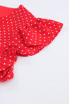 Fiery Red Polka Dot V Neck Ruffle Sleeve Dress-Dresses-MomFashion