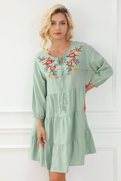 Green Floral Embroidery Tiered Ruffle Hem Dress-Dresses-MomFashion