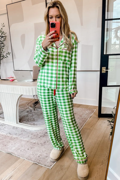 Light Green Christmas Plaid Print Shirt and Pants Pajama Set-Loungewear & Sleepwear/Sleepwear-MomFashion