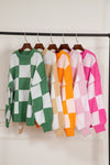 Pink Checkered Bishop Sleeve Sweater-Tops-MomFashion